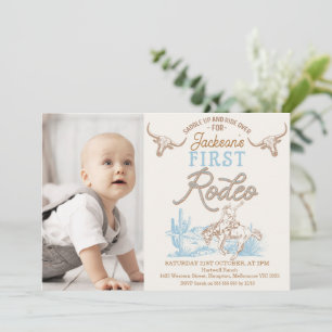 Invitation Vintage Bleu Brown Photo Premier Rodéo 1er Anniver