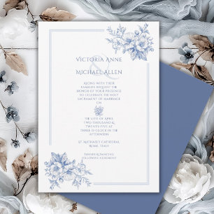 Invitation Vintage Bleu Cadre Floral Élégant Mariage