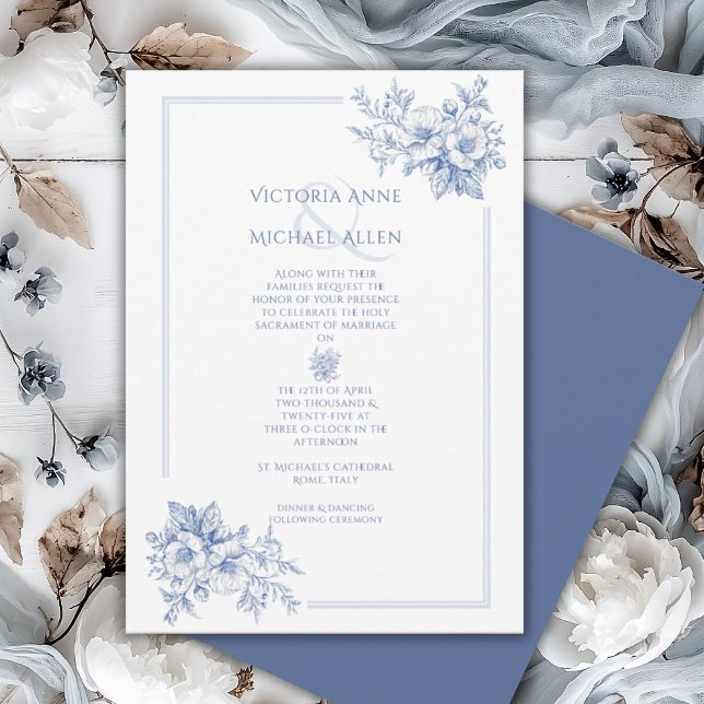 Invitation Vintage Bleu Cadre Floral Élégant Mariage (Créateur téléchargé)
