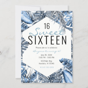 Invitation Vintage bleu et blanc Palme tropicale Feuilles dou