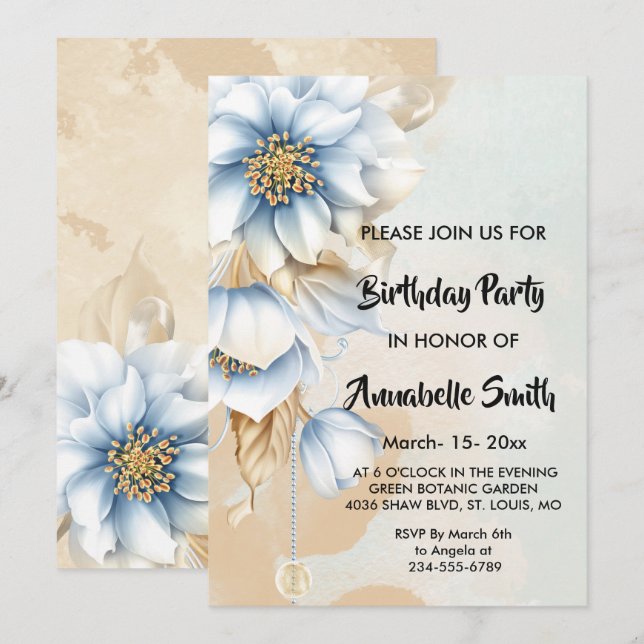 Invitation Vintage Bleu fleuri Anniversaire (Devant / Derrière)