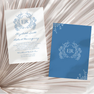 Invitation Vintage bleu Floral Crest Monogramme Mariage