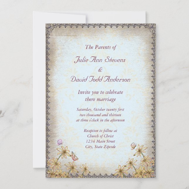 Invitation Vintage bleu Floral Mariage (Devant)