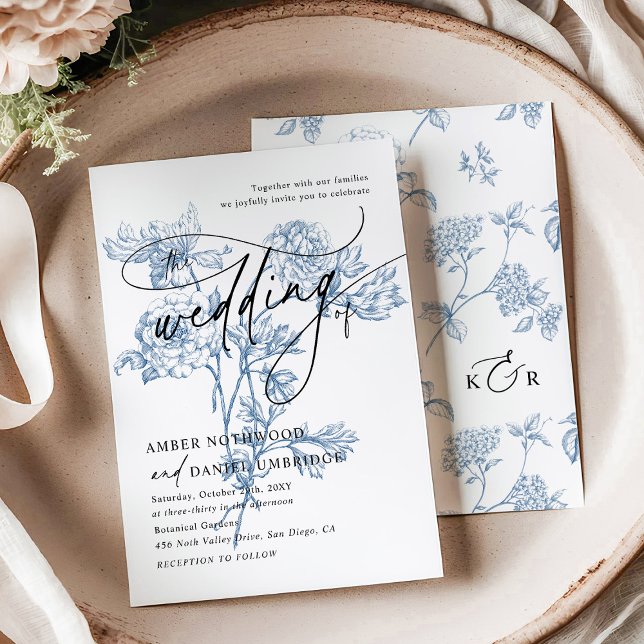 Invitation Vintage bleu Floral moderne Script Mariage (Créateur téléchargé)