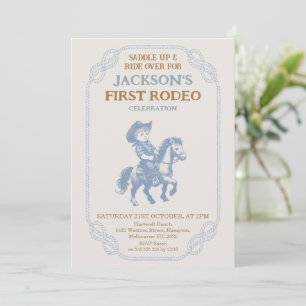 Invitation Vintage Bleu Gris Cowboy Premier Rodéo 1er Anniver