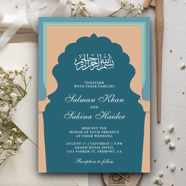 Invitation Vintage bleu islamique Mihrab Mariage musulman (Créateur téléchargé)