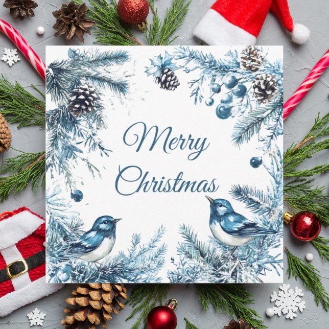 Invitation Vintage bleu oiseaux pins Noël (Créateur téléchargé)