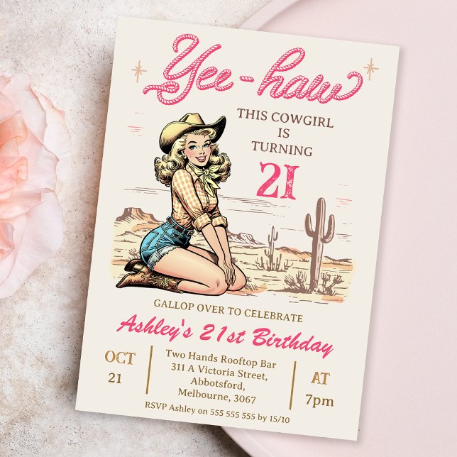 Invitation Vintage Blonde Yee-haw Cowgirl 21e anniversaire (Blonde Cowgirl Birthday Invitation Template, Western Themed 21st Birthday Invitation, Any Age Invite)