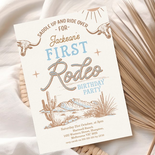 Invitation Vintage Blue Boys Premier Rodéo 1er Anniversaire (Blue Vintage Boys My First Rodeo 1st Birthday Invitation Rope Heading Desert First Rodeo Invite)
