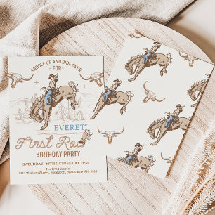 Invitation Vintage Blue Brown Cowboy Rodeo 1er anniversaire