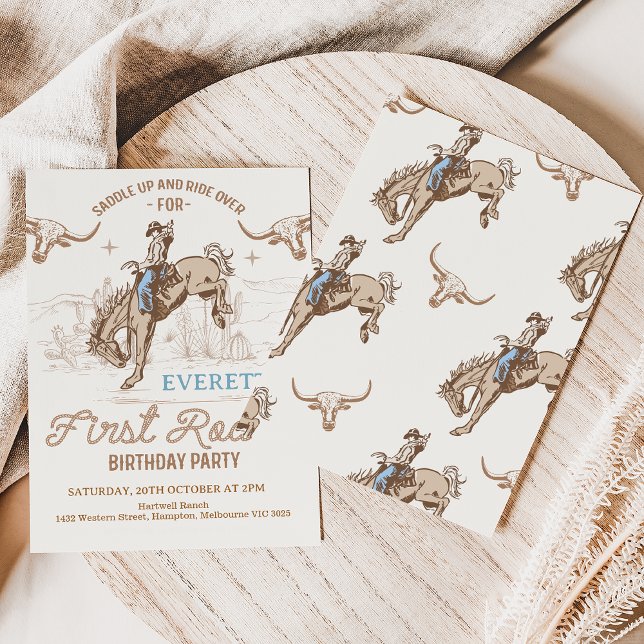 Invitation Vintage Blue Brown Cowboy Rodeo 1er anniversaire (Créateur téléchargé)