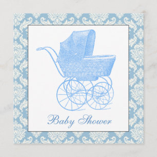 Invitation Vintage Blue Carriage Pram Baby Boy Douche