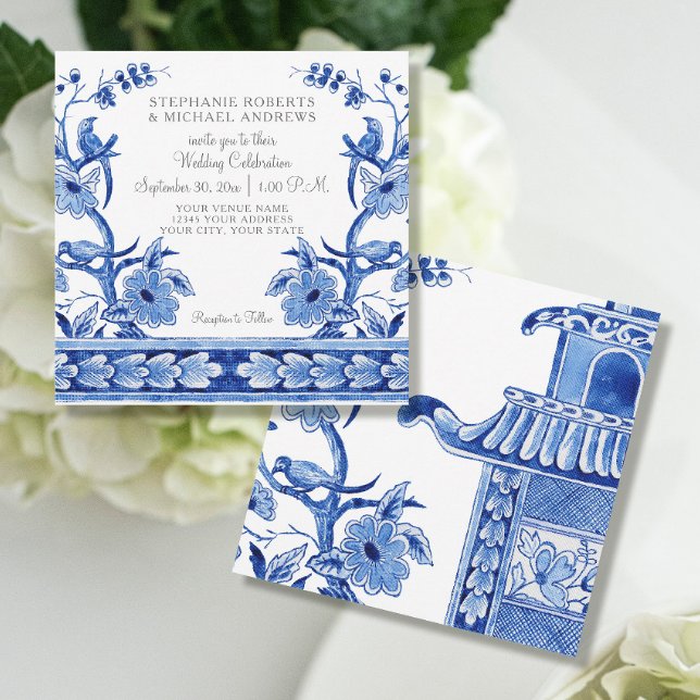 Invitation Vintage Blue Chinoiserie Asiatique Floral Aquarell (Créateur téléchargé)