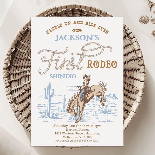 Invitation Vintage Blue Cowboy First Rodeo 1st Birthday  (Boys FIRST RODEO Birthday Invitation Template, Printable Cowboy 1st Birthday Invite, Western Themed)