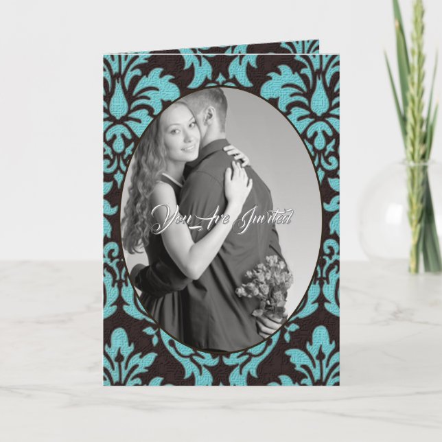 Invitation Vintage Blue Damask Photo Mariage Bi-fold (Devant)