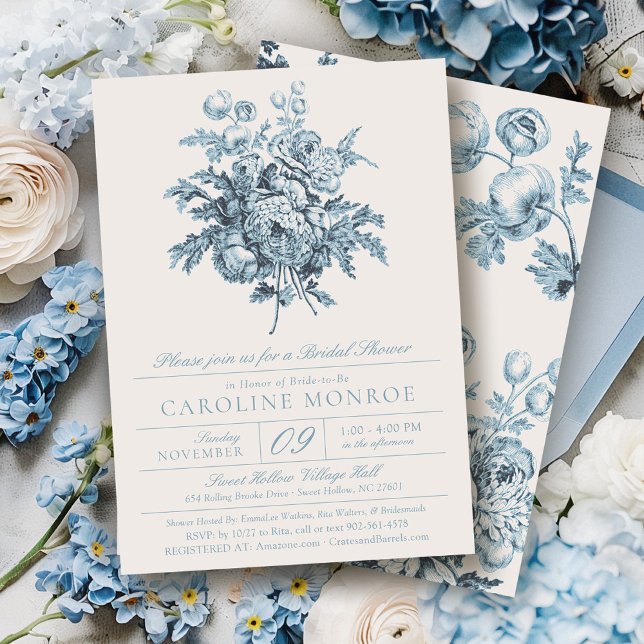 Invitation Vintage Blue Floral Chinoiserie Bridal Shower (Blue & ivory modern vintage floral bouquet chinoiserie french toile elegant bridal shower invitation)
