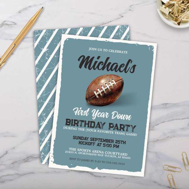Invitation Vintage Blue Football Premier anniversaire (Vintage teal blue and cream antique football theme birthday party invitation for 1st watch party)