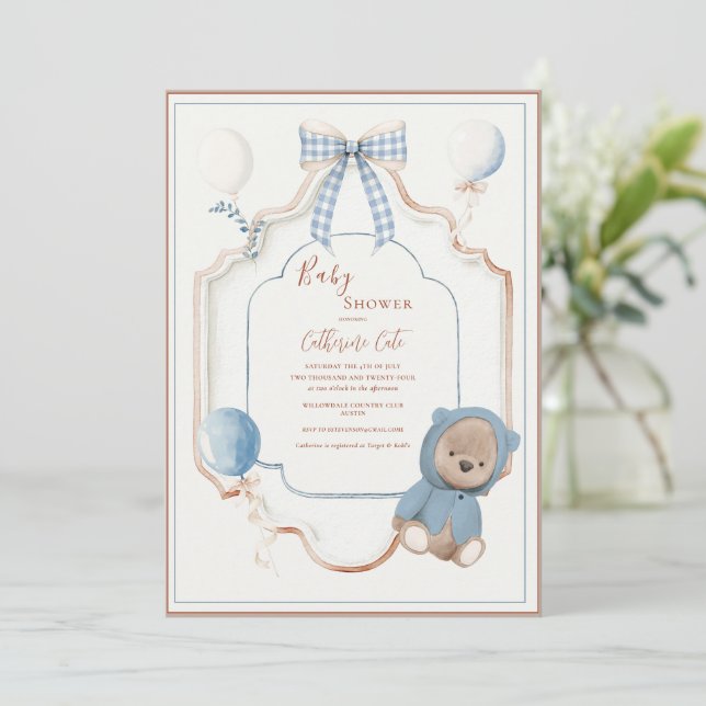 Invitation Vintage Blue Frame Rustic Bear Balloons Baby (Debout devant)