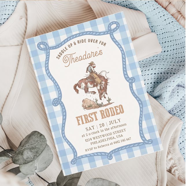 Invitation Vintage Blue Gingham First Rodeo (Créateur téléchargé)