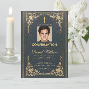 Invitation Vintage Blue Gold Photo Elegant Boy Confirmation