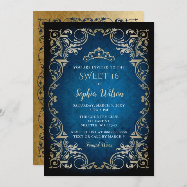 Invitation Vintage Blue Gold Princesse Tiara Sweet 16 (Devant / Derrière)