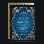 Invitation Vintage Blue Gold Princesse Tiara Sweet 16<br><div class="desc">Elégante Vintage Blue Gold Princesse Tiara Sweet 16 Invitation Anniversaire</div>