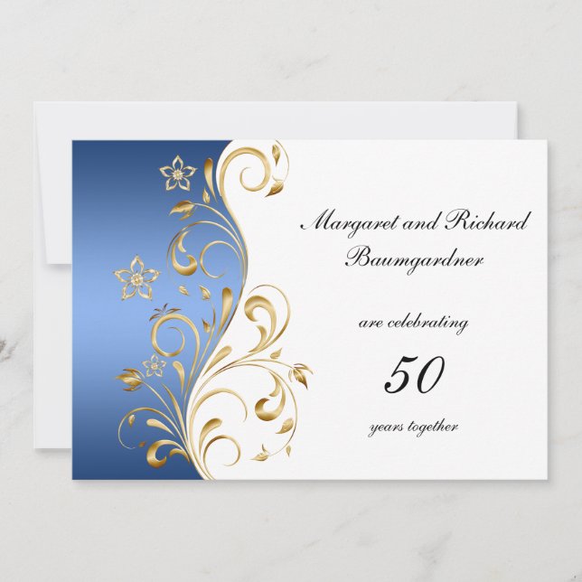 Invitation Vintage Blue Gold tournoie 50e anniversaire Mariag (Devant)