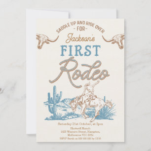 Invitation Vintage Blue Green Cowboy Premier Rodéo 1er Annive