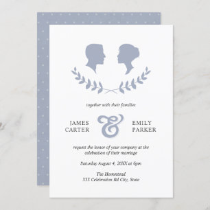 Invitation Vintage Blue Laurel Bride Groom Silhouette Mariage