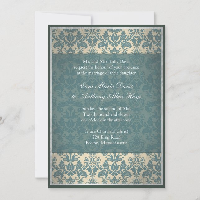Invitation Vintage Blue Mariage damassé (Devant)
