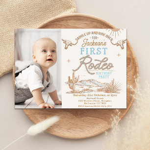 Invitation Vintage Blue Photo First Rodeo 1er anniversaire