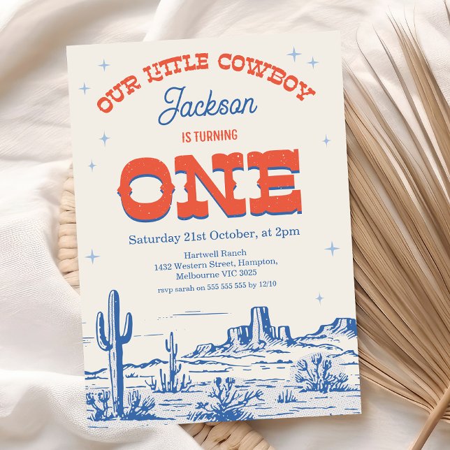 Invitation Vintage Blue Red Little Cowboy 1er anniversaire (Vintage Cowboy 1st Birthday Invitation Boy Blue Red, Little Cowboy 1st Birthday Invite, Wild West)