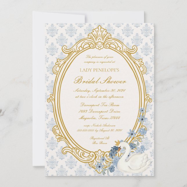 Invitation Vintage Blue Régence Cygne Camée Mariage Shower (Devant)