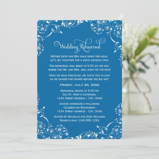 Invitation Vintage Blue Scrolls Répétition Mariage et dîner (Debout devant)