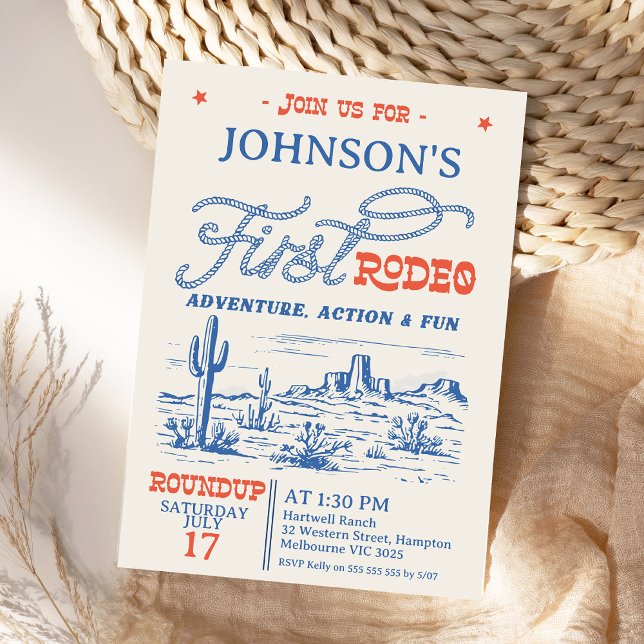 Invitation Vintage Blue Western Desert Rodeo 1er anniversaire (Boys First Rodeo Birthday Invitation, 1st Rodeo Birthday Invite, Western Cowboy 1st Birthday Desert)