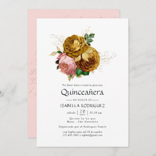 Invitation Vintage Blush et or Floral espagnol Quinceañera