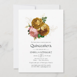 Invitation Vintage Blush et Or Floral Quinceañera
