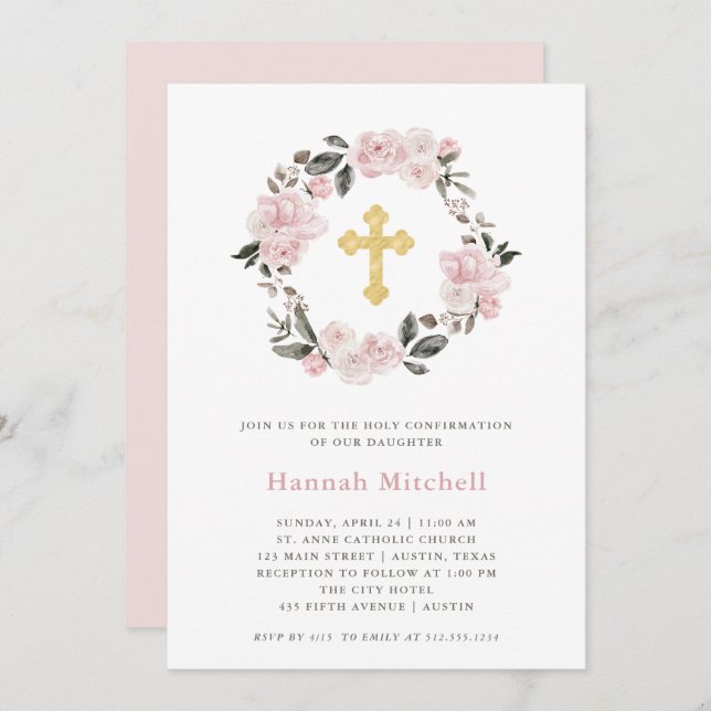 Invitation Vintage Blush Floral et Gold Cross | Confirmations (Devant / Derrière)