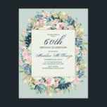 Invitation Vintage Blush Pink Ivory Floral Mint 60e anniversa<br><div class="desc">Elégante couleur rose vif et ivoire aquarelle florale avec sauge et feuilles verts sur une vintage menthe botanique verte 60e anniversaire invitation pour les femmes</div>