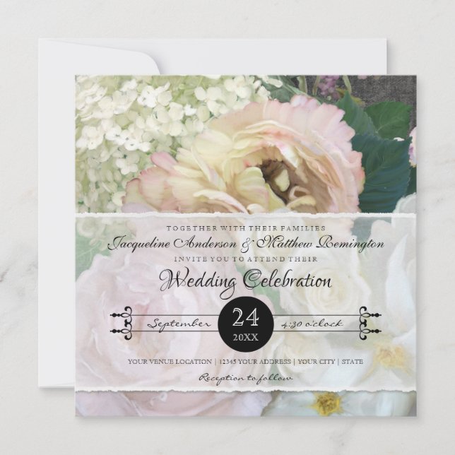 Invitation Vintage Blush Yellow Peony Hydrangea Rose Floral (Devant)