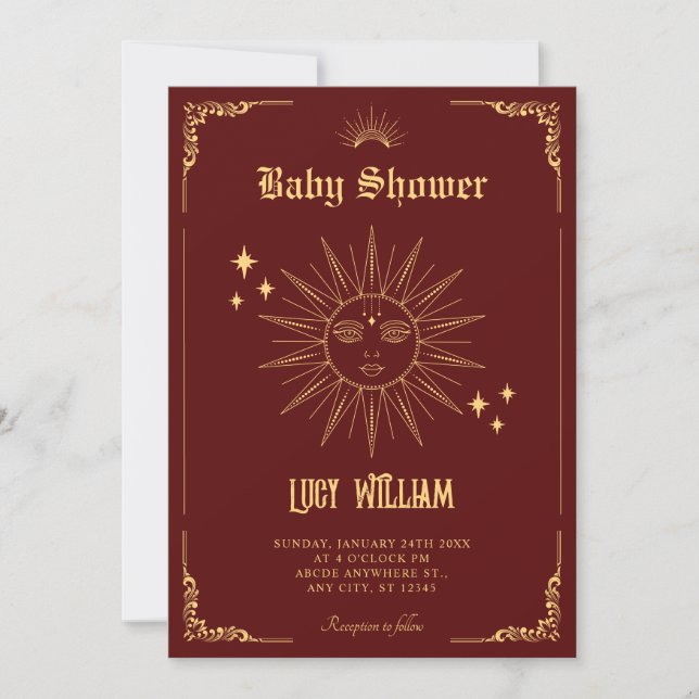 Invitation Vintage Bohemian art mystical sun baby shower (Devant)