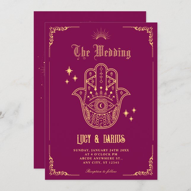 Invitation Vintage Bohemian art symbols wedding (Devant / Derrière)