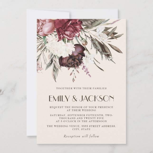 Invitation Vintage Boho Bourgogne rose Floral Mariage (Devant)