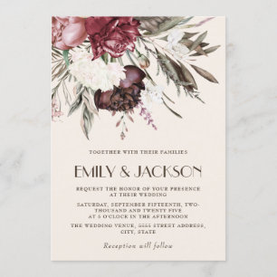 Invitation Vintage Boho Bourgogne rose Floral Mariage