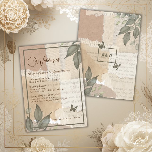 Invitation Vintage boho chic verdure mariage monogramme  (Créateur téléchargé)