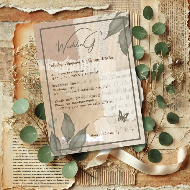 Invitation Vintage boho chic verdure mariage monogramme  (Créateur téléchargé)