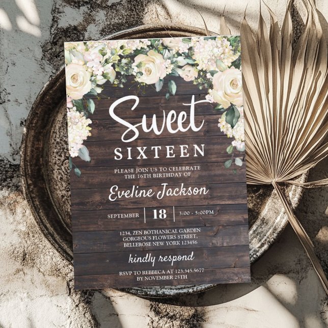 Invitation Vintage bois rustique verdure sweet sixteen fleuri (Vintage rustic wood greenery floral sweet sixteen invitation)