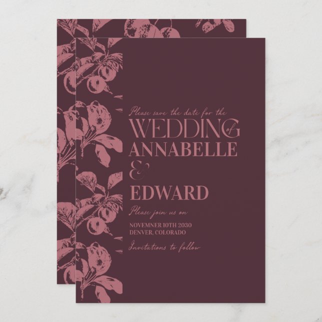 Invitation Vintage Botanical Wedding Plum Burgundy (Devant / Derrière)