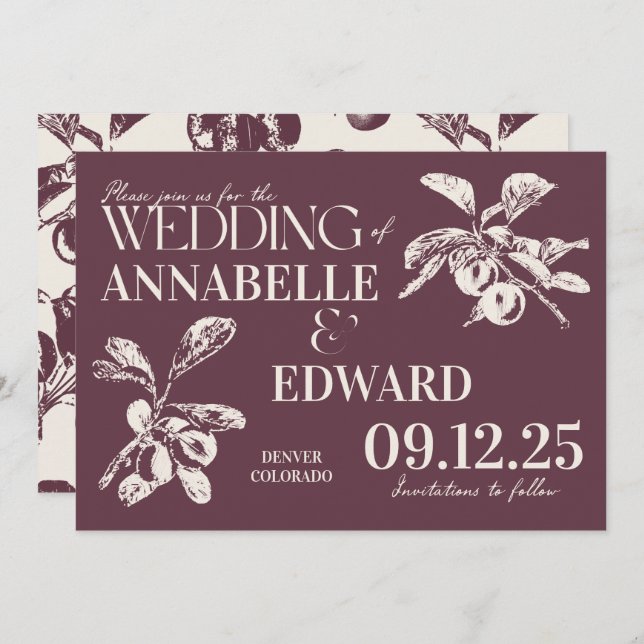 Invitation Vintage Botanical Wedding Plum Burgundy (Devant / Derrière)