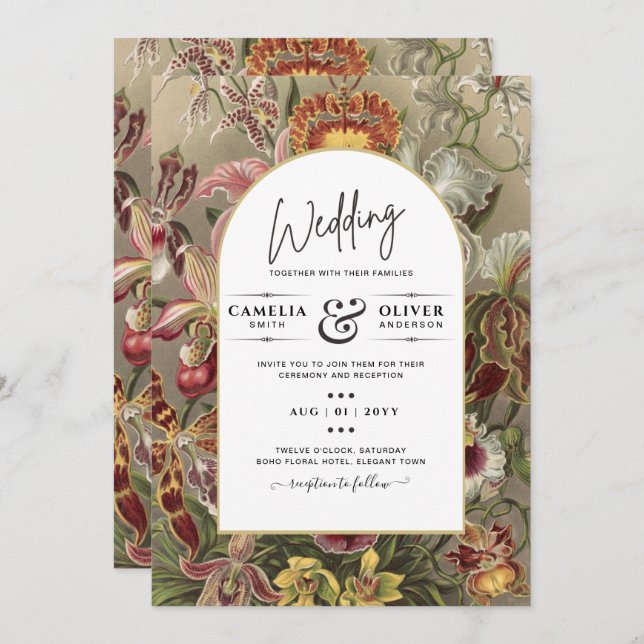 Invitation Vintage Botanique Bourgogne Mariage Floral Invitat (Devant / Derrière)